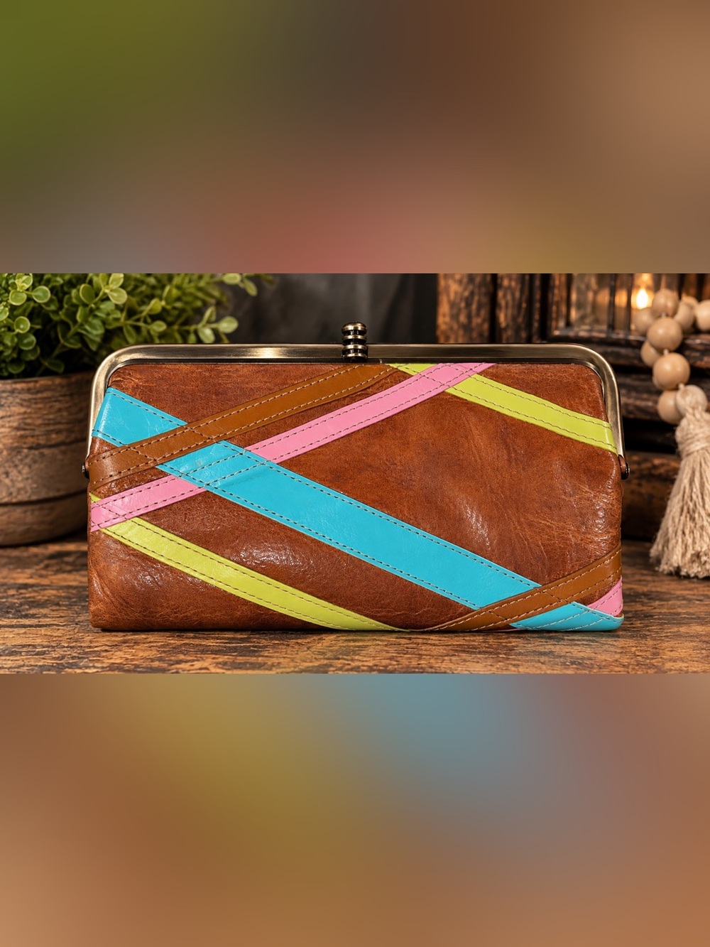 HOBO International Vintage Multicolor Leather Frame Lauren Clutch Wallet- #2007